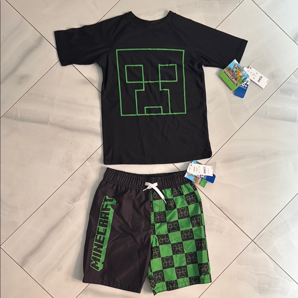 Boys' Minecraft Rash Guard Top and swim shorts